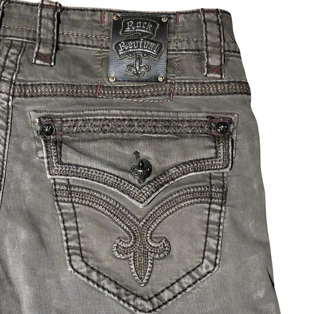 ROCK REVIVAL Gray Ben Straight Leather Detail Jeans Mens 36 Rebel Biker 90's
